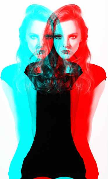 istock Beautiful woman studio portrait in RGB color effect split 1408253655