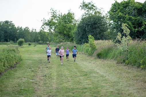 A small group of six children are seen running a Cross Country race in a small pack together.  They are each wearing comfortable athletic wear and are focused on the path as they run towards the finish line.