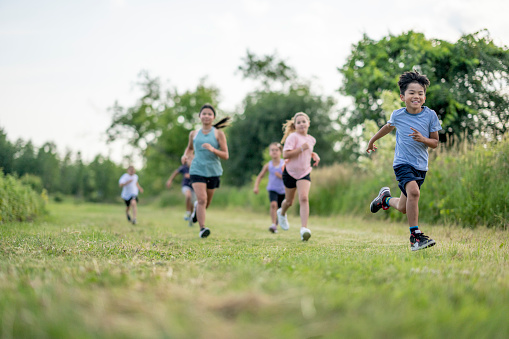 A small group of six children are seen running a Cross Country race in a small pack together.  They are each wearing comfortable athletic wear and are focused on the path as they run towards the finish line.