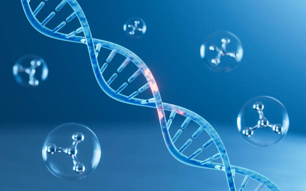 dna e molecole mutate, biotecnologie scientifiche, rendering 3d. - genetic mutation foto e immagini stock