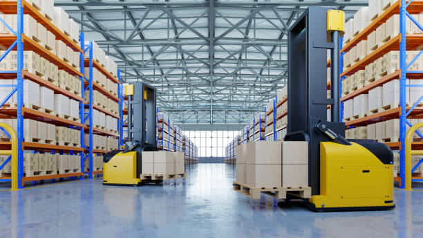 istock Modern warehouse with AGV forklifts and high shelves. 1408254987