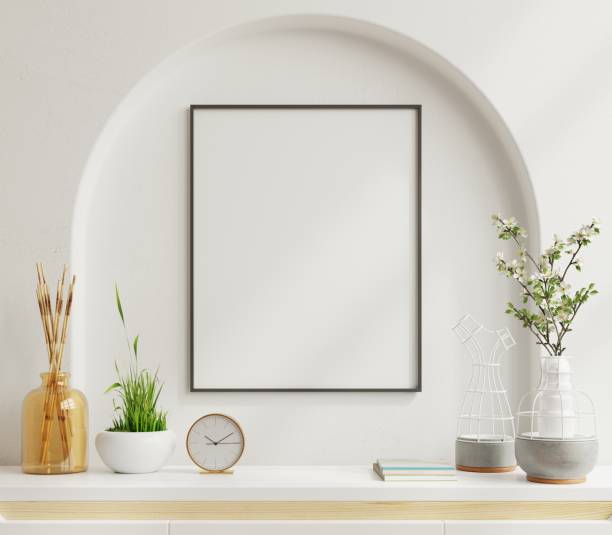 istock Interior poster mockup with vertical black frame in home interior background. 1408255099