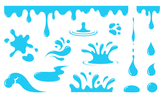 Water drop icon set. Paint streaks. Spill, spots and splashes of water, current liquid drop. Isolated silhouette on white background. Vector illustration