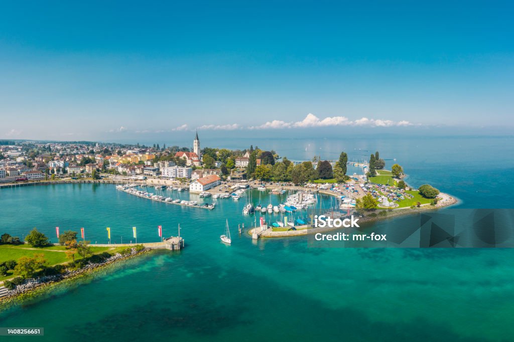 Romanshorn Harbour Basin Drone View Beautiful panorama from the Romanshorn harbour basin Bodensee Stock Photo