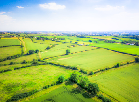 An intentionally blurred aerial image looking over traditional British fields and hedgerows in Leicestershire, in the English Midlands.