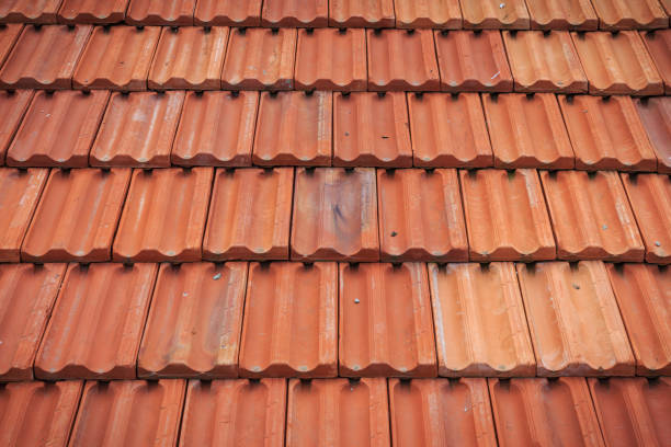 istock Red tile in-line roof pattern on house and buildings. 1408258002