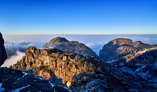 Aerial view of huangshan mountain landscape at morning, China.