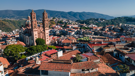 Drone point of view of the city of Taxco, located in the mexican state of Guerrero.