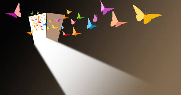 istock Colorful butterflies through open door graphic background 1408264506