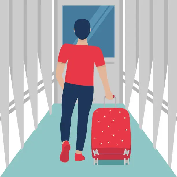 Vector illustration of Young man going to the airplane with big suitcese by airport corridor