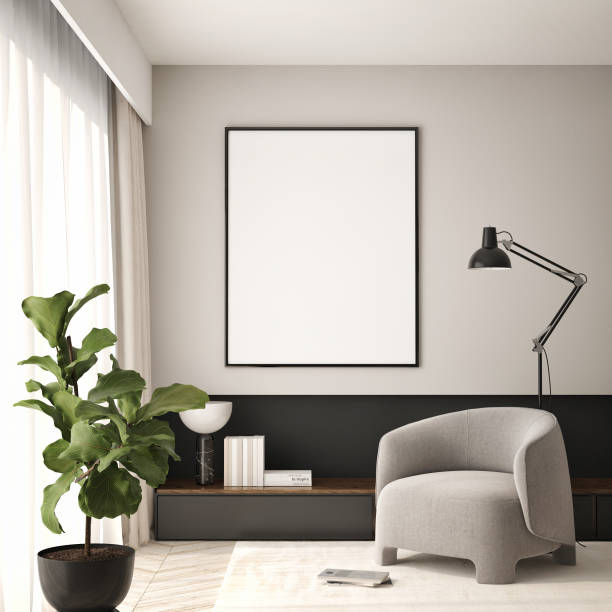 istock mock up poster frame in modern interior background, living room, Scandinavian style, 3D render, 3D illustration 1408265373