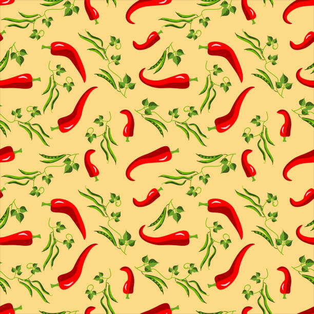 ilustraciones, imágenes clip art, dibujos animados e iconos de stock de vector - pepperoni con patrón de frijoles sin costuras. - salad fruit backgrounds sharp
