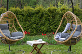 Rattan garden swing with cushion in the garden, seating area in the yard. Summer vacation concept.