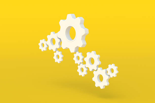 istock Group of gears on yellow background. Engineering technology. Mechanism development. Industrial progress. Idea concept. Business cooperation. Teamwork and communication. 3d render 1408269157