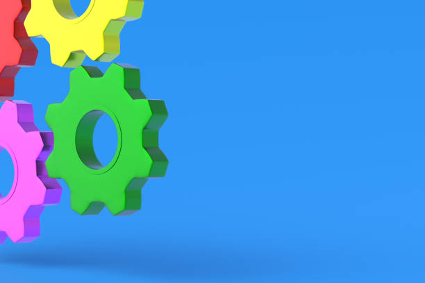 Colorful metallic gears. Engineering technology. Mechanism development. Industrial progress. Idea concept. Business cooperation. Teamwork and communication. Copy space. 3d render