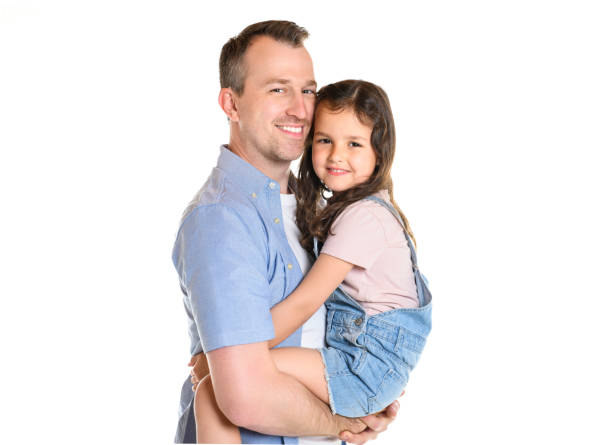 istock Father with his daughter on studio white background 1408270494