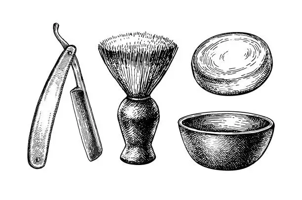 Vector illustration of Vintage shaving accessories set.