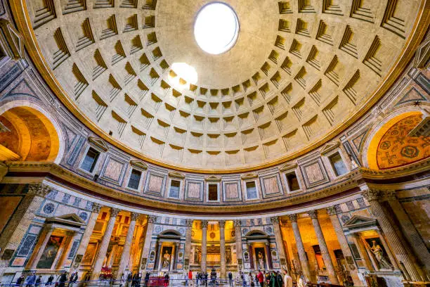 Photo of A beautiful view inside the Pantheon in the heart of Rome with the central opening in the dome called the Oculus