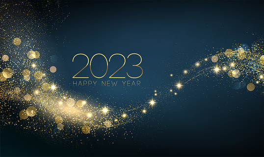 2023 Happy New year with Abstract shiny color gold swirl design element and glitter effect on dark background. Round frame For Calendar, poster design