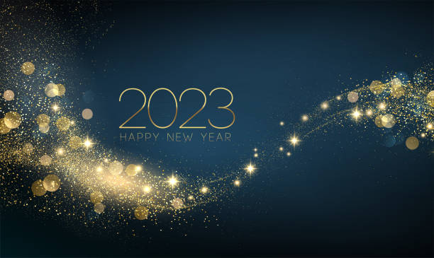 2023 New Year Abstract shiny color gold wave design element 2023 Happy New year with Abstract shiny color gold swirl design element and glitter effect on dark background. Round frame For Calendar, poster design gold dots border stock illustrations