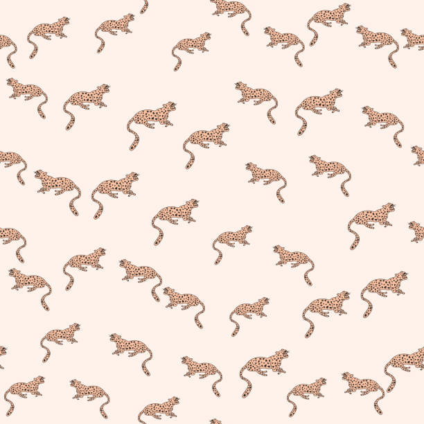 Decorative seamless pattern with doodle cute leopard. Hand drawn cheetah endless wallpaper. Decorative seamless pattern with doodle cute leopard. Hand drawn cheetah endless wallpaper. Wild animals background. Design for fabric, textile, wrapping, illustration cute cheetah print cartoon stock illustrations