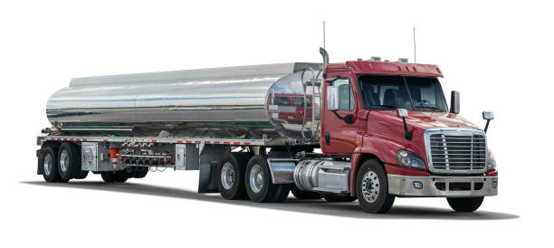 Red gas tanker truck on white background.