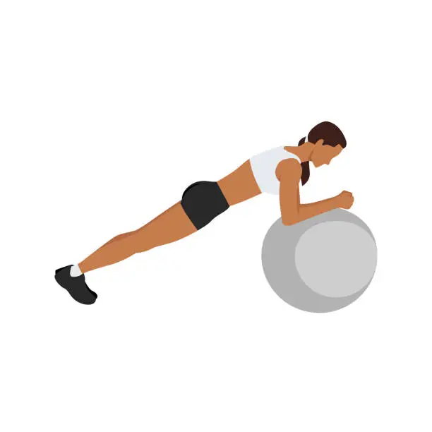 Vector illustration of Woman doing Swiss ball plank. abdominals exercise flat vector illustration isolated on white background