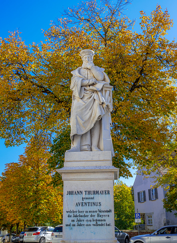 Statue of Johannes Aventinus, philologist and historian, Abensberg, Lower Bavaria, Bavaria, Germany, Europe, 14. October 2019