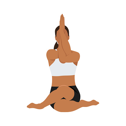 Woman doing cow face pose with eagle arms gomukhasana garudasana exercise. Flat vector illustration isolated on white background