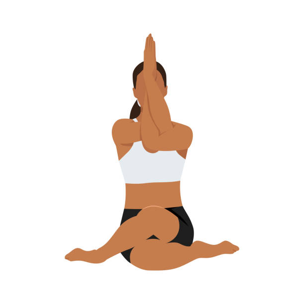 Woman doing cow face pose with eagle arms gomukhasana garudasana exercise. Flat vector illustration isolated on white background Woman doing cow face pose with eagle arms gomukhasana garudasana exercise. Flat vector illustration isolated on white background headstand stock illustrations