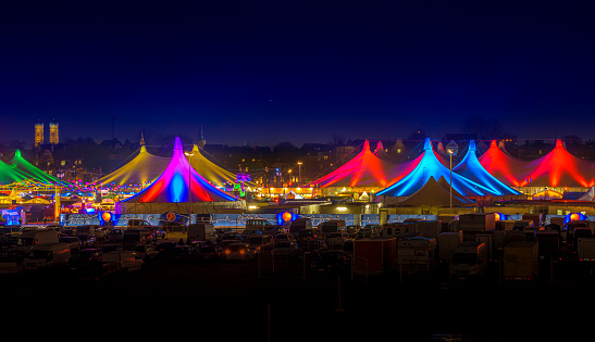 Colorful Tents at the Tollwood Winter Festival, Theresienwiese, Munich, Bavaria, Germany, Europe, 04. December 2019