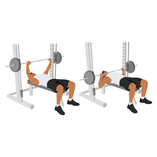 Vector illustration of Man doing Smith machine barbell bench press flat vector illustration isolated on different layers