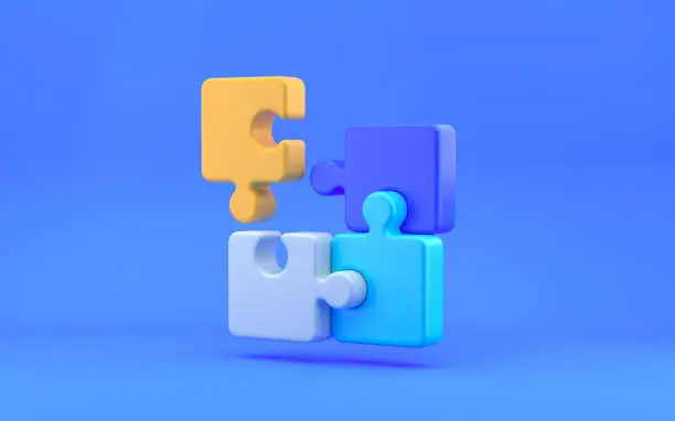 Problem-solving, business concept. Colorful Jigsaw puzzle pieces on blue background. 3d rendering