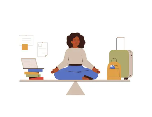 Vector illustration of Business Woman with closed eyes takes a harmony between job and rest. Black girl has a good work life balance.