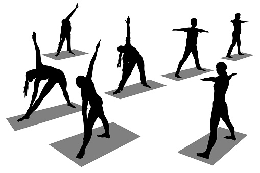 Vector set of people group silhouettes isolated on white background. Physical exercises with a yoga instructor. Warm-up, bends, arm up. Feet shoulder width apart, arms to the sides 7 people