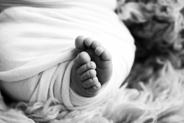 мягкие ступни новорожденного в одеяле крупным планом пальцев ног, пяток и ступней малыша. крошечная ножка новорожденного. детские ножки по� - human foot baby black and white newborn стоковые фото и изображения