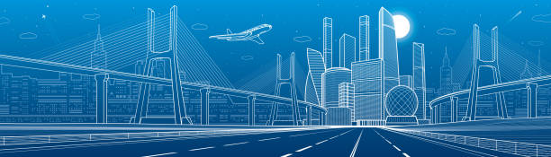 ilustrações de stock, clip art, desenhos animados e ícones de infrastructure city panorama. large cable-stayed bridge. airplane fly. empty highway. night modern city on background, towers and skyscrapers, urban scene, vector design art - cable stayed bridge illustrations