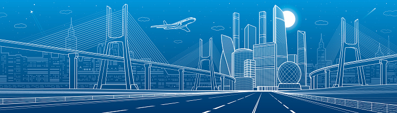 Infrastructure city panorama. Large cable-stayed bridge. Airplane fly. Empty highway. Night modern city on background, towers and skyscrapers, urban scene, vector design art