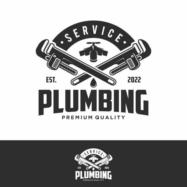 ilustrações de stock, clip art, desenhos animados e ícones de vintage plumbing and heating icon template - vector - mechanic plumber repairman manual worker