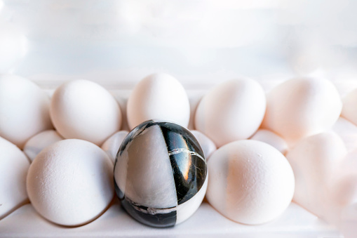 Eggs of different colors in cardboard boxes. A marble stone black-and-white egg stands in a cassette in the middle of white chicken eggs. The concept of contrast, individuality, exclusivity. concept of a damaged tooth