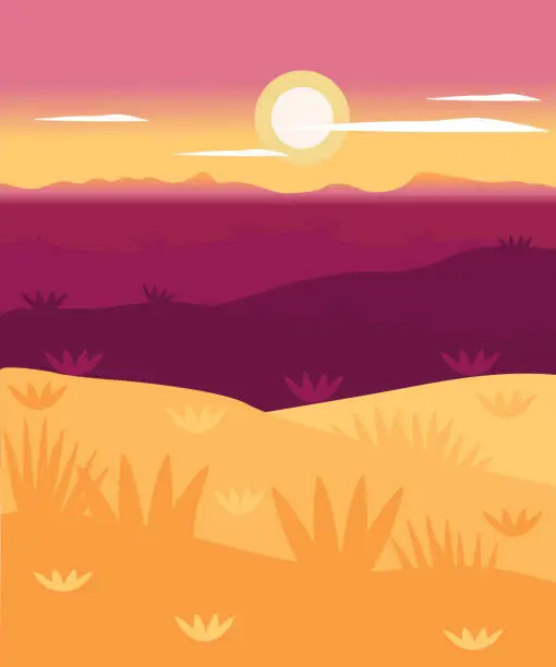 Vector illustration of Yеllow, purple, lilac, violet vector landscape. Colorful bright colors in nature during sunset. Bright sun, shimmering sky, clouds, dark mountains, orange fields, bushes, plants in wild nature.