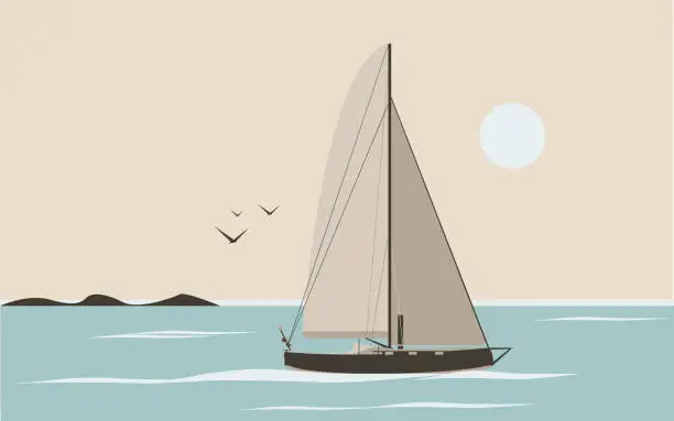 Vector illustration of Beautiful seascape. A boat or yacht floats on the sea against the backdrop of the sun
