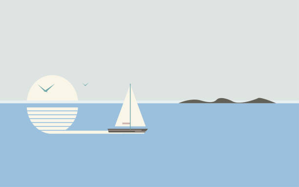 아름다운 바다 풍경. 보트 또는 요트가 태양을 배경으로 바다에 떠 있습니다. - backdrop old fashioned outdoors yacht stock illustrations