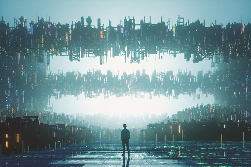 Man standing against futuristic city structures. This is entirely 3D generated image.