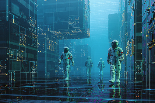 Futuristic base camp street with Chinese astronauts walking. This is entirely 3D generated image.