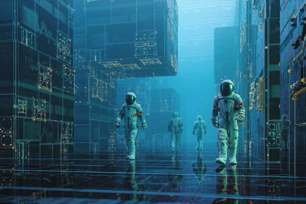 futurystyczna ulica obozu bazowego z chińskimi astronautami spacerującymi - people exploration futuristic walking zdjęcia i obrazy z banku zdjęć