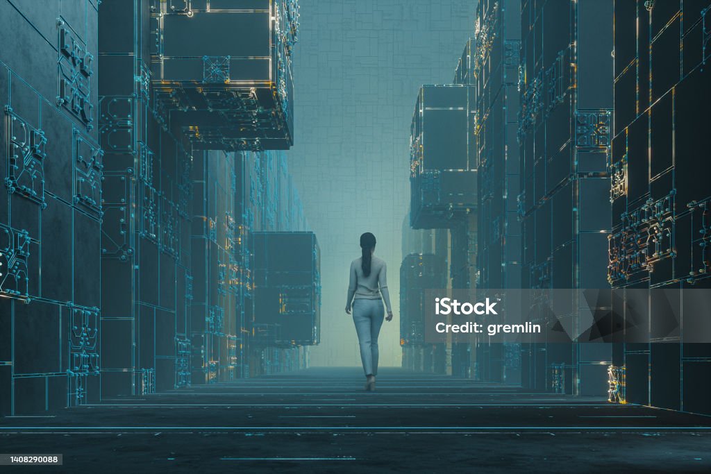 Woman walking in dark futuristic street Woman walking in dark futuristic street. This is entirely 3D generated image. Dystopia - Concept Stock Photo