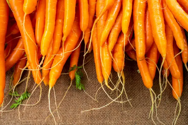 Photo of orange carrot vegetables at the farmers market ready to be bought and sold