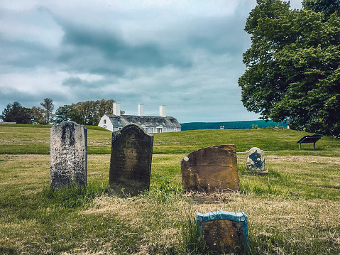 Fort Anne with a graveyard at the forefront, in Annapolis Royal, Nova Scotia. Taken in the summer of 2017. Fort Anne was established in 1629 by the Scottish.