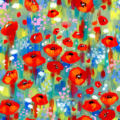 Colorful summer illustration with green onions and wild flowers. Poppies in green grass, pink and white small flowers. Painting with paint, brush strokes, impressionism. Seamless pattern